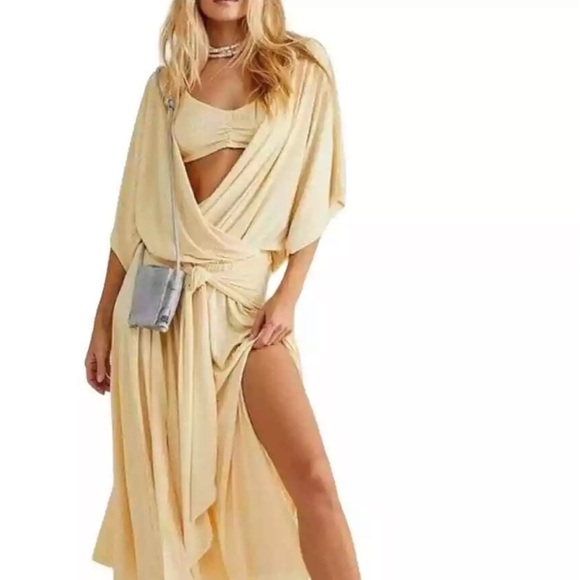 Free People Pale Yellow Kauai midi Wrap Front Dress in Crème - Picture 1 of 9